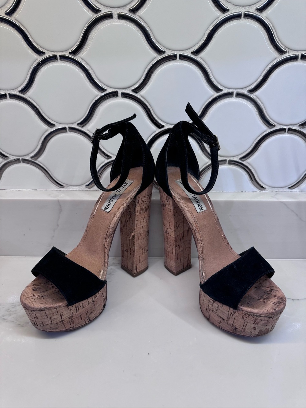 Steve Madden Black Suede Ankle Strap Cork Platform Heels
